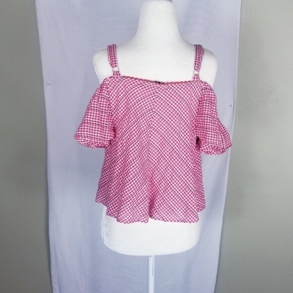 Walter Baker Riley Cold Shoulder Gingham crop top Red Plaid Off the Shoulder Med - Picture 4 of 8